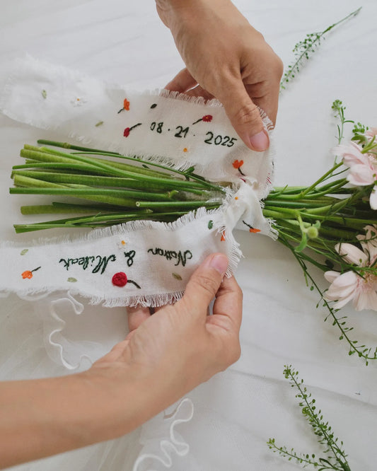 Personalized Embroidered Wedding Ribbon – Custom Linen Tie for Bouquet or Hair, Hand-stitched with Names & Date, Bridal Keepsake Gift
