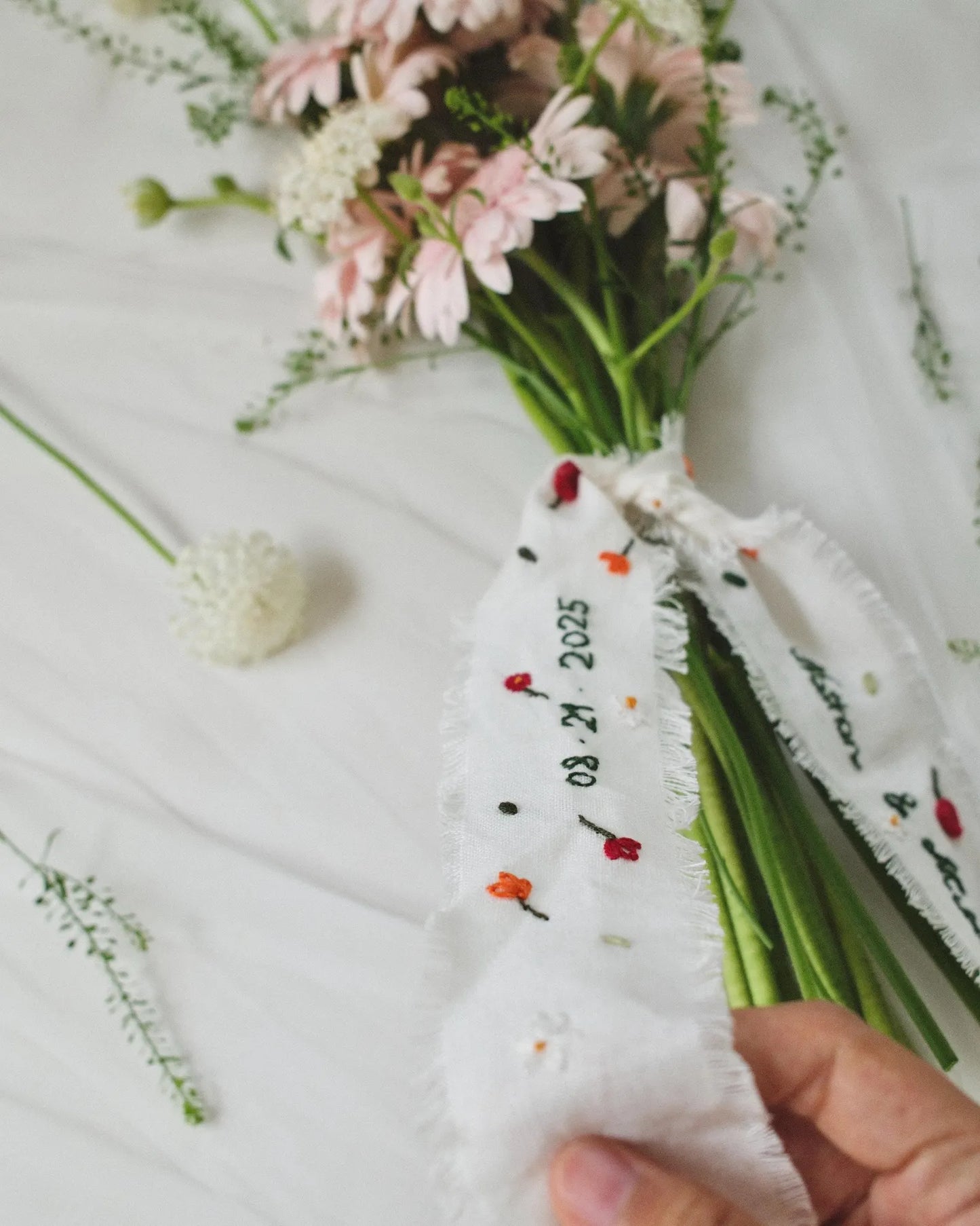 Personalized Embroidered Wedding Ribbon – Custom Linen Tie for Bouquet or Hair, Hand-stitched with Names & Date, Bridal Keepsake Gift