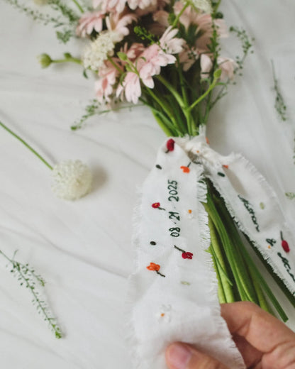 Personalized Embroidered Wedding Ribbon – Custom Linen Tie for Bouquet or Hair, Hand-stitched with Names & Date, Bridal Keepsake Gift