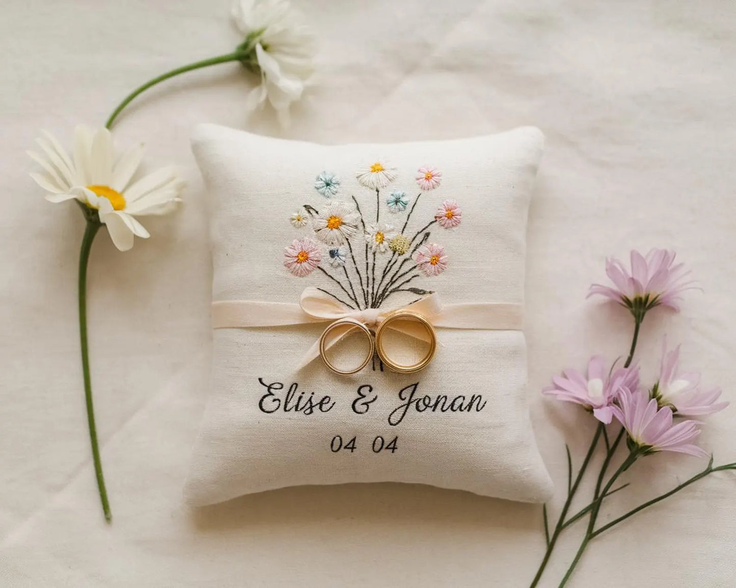 Personalized Embroidered Ring Bearer Pillow, Custom Linen Wedding Cushion, Hand Embroidery Ring Holder, Pastel Floral Ring Pillow, Wedding Gift