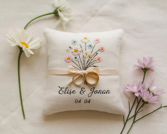 Personalized Embroidered Ring Bearer Pillow, Custom Linen Wedding Cushion, Hand Embroidery Ring Holder, Pastel Floral Ring Pillow, Wedding Gift