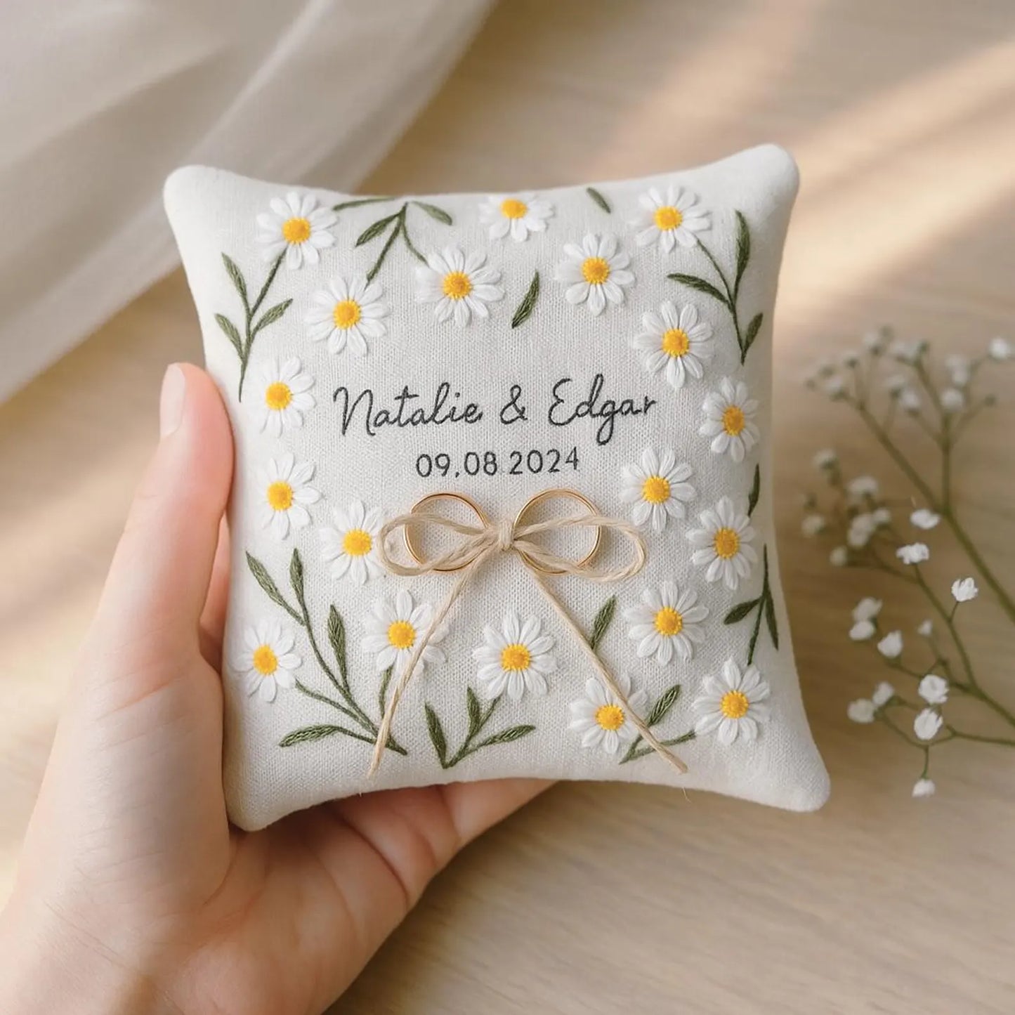 Personalized Embroidered Ring Bearer Pillow, Custom Linen Wedding Cushion, Hand Embroidery Ring Holder, Pastel Floral Ring Pillow, Wedding Gift