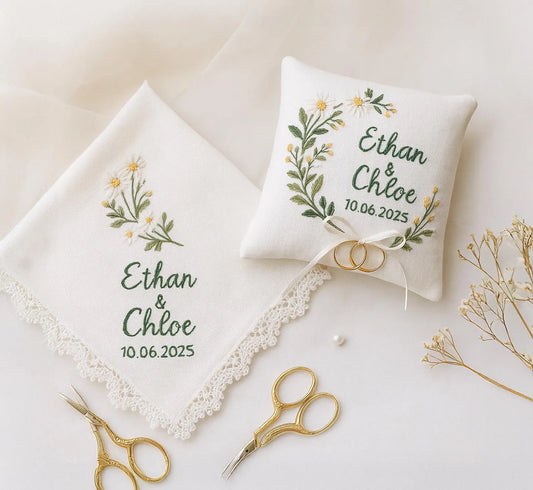 Personalized Embroidered Linen Wedding Keepsake Set: Ring Pillow & Handkerchief