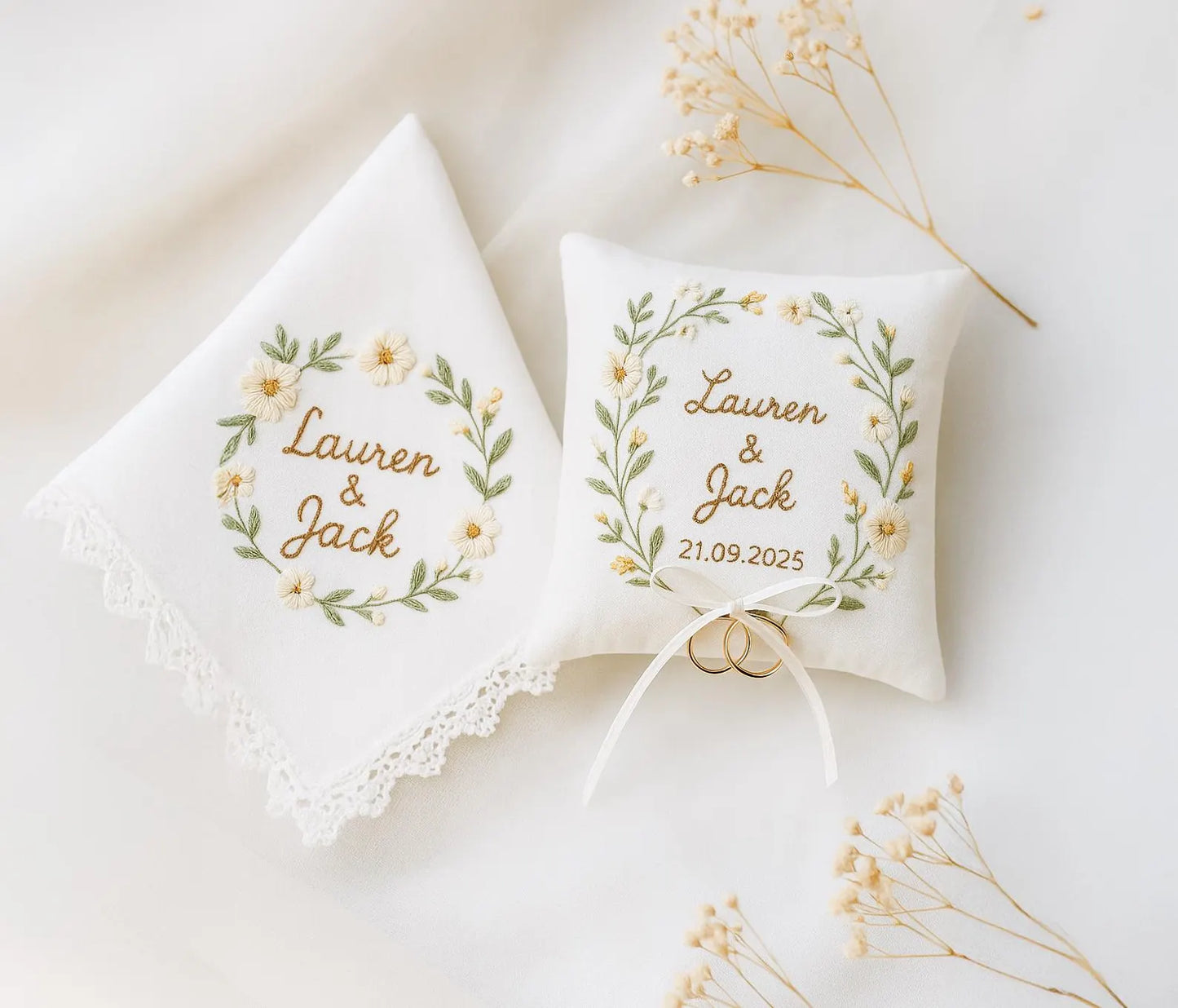 Personalized Embroidered Linen Wedding Keepsake Set: Ring Pillow & Handkerchief