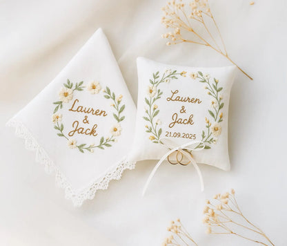 Personalized Embroidered Linen Wedding Keepsake Set: Ring Pillow & Handkerchief