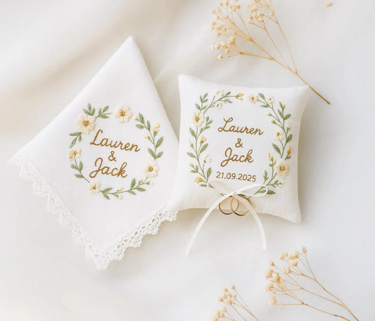 Personalized Embroidered Linen Wedding Keepsake Set: Ring Pillow & Handkerchief