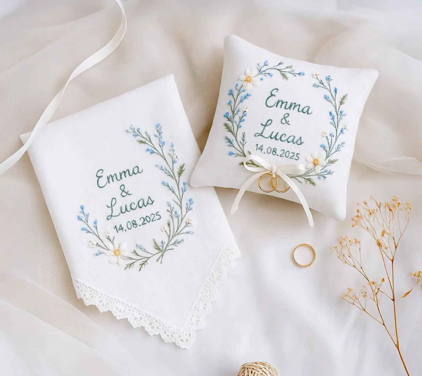 Personalized Embroidered Linen Wedding Keepsake Set: Ring Pillow & Handkerchief