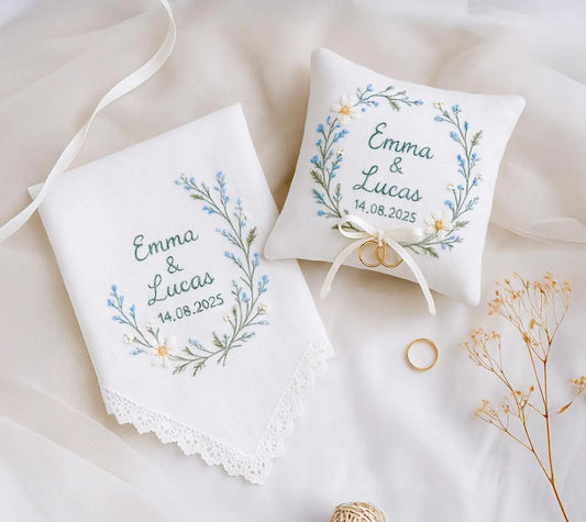 Personalized Embroidered Linen Wedding Keepsake Set: Ring Pillow & Handkerchief