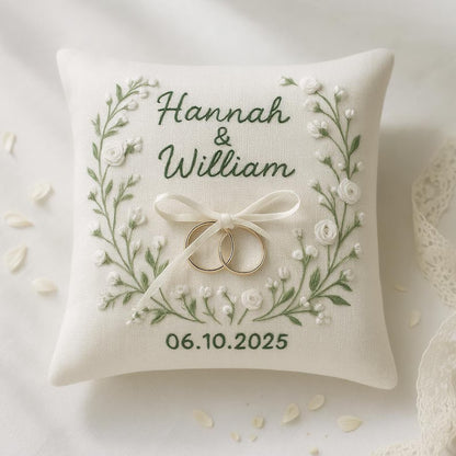 Personalized Embroidered Linen Ring Bearer Pillow: Floral Wedding Keepsake