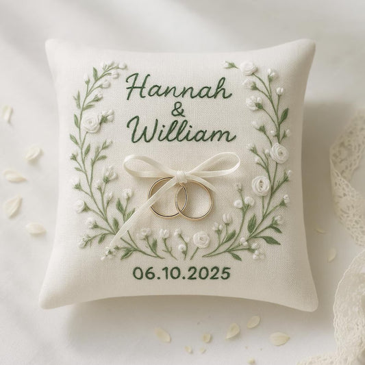Personalized Embroidered Linen Ring Bearer Pillow: Floral Wedding Keepsake
