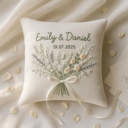 Personalized Embroidered Linen Ring Bearer Pillow: Floral Wedding Keepsake
