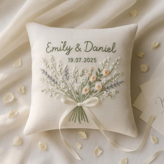 Personalized Embroidered Linen Ring Bearer Pillow: Floral Wedding Keepsake
