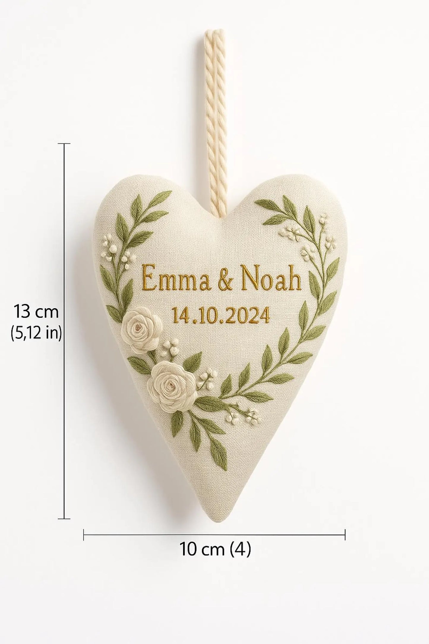 Personalized Wedding Heart Ornament – Hand Embroidered Linen Floral Ornament with Names & Date – Custom Wedding Christmas Gift Decoration