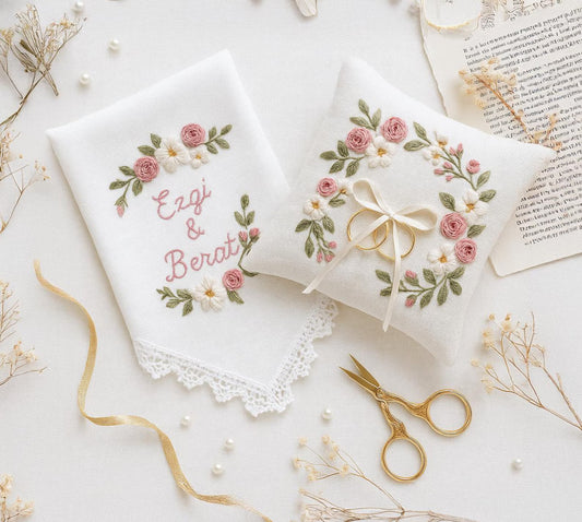 Personalized Embroidered Linen Wedding Keepsake Set: Ring Pillow & Handkerchief