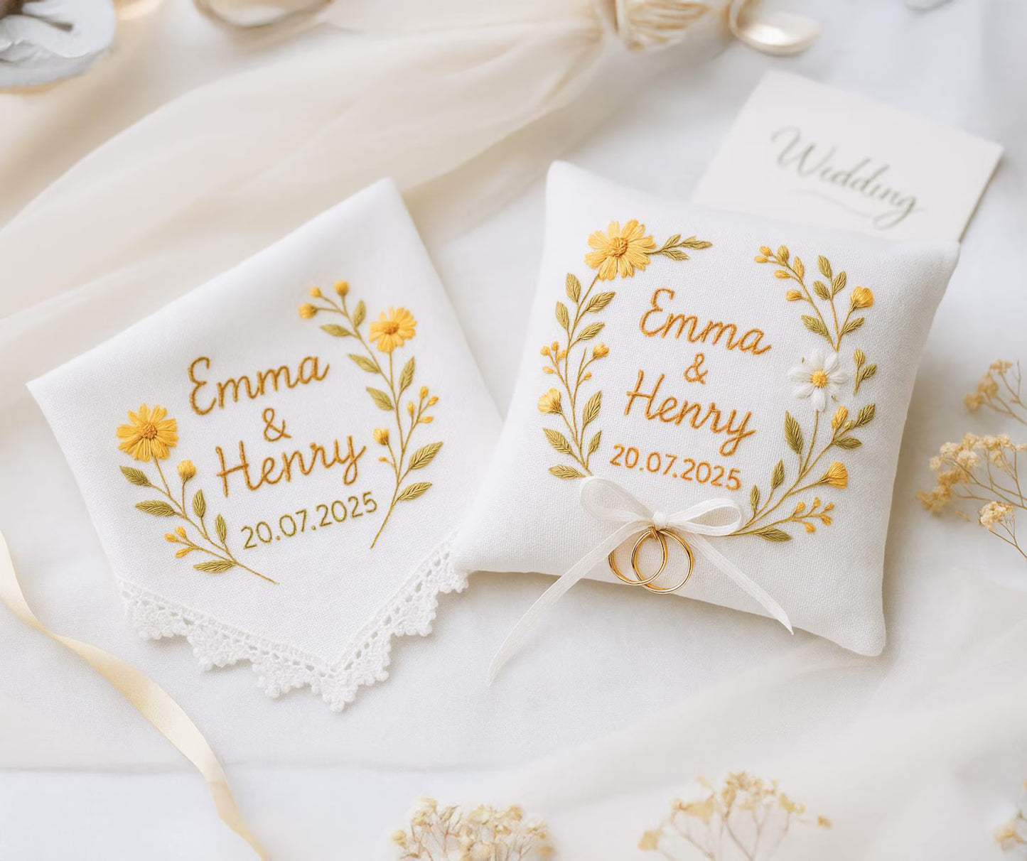 Personalized Embroidered Linen Wedding Keepsake Set: Ring Pillow & Handkerchief