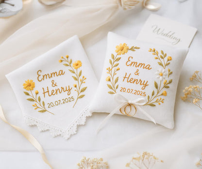 Personalized Embroidered Linen Wedding Keepsake Set: Ring Pillow & Handkerchief