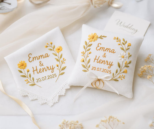 Personalized Embroidered Linen Wedding Keepsake Set: Ring Pillow & Handkerchief