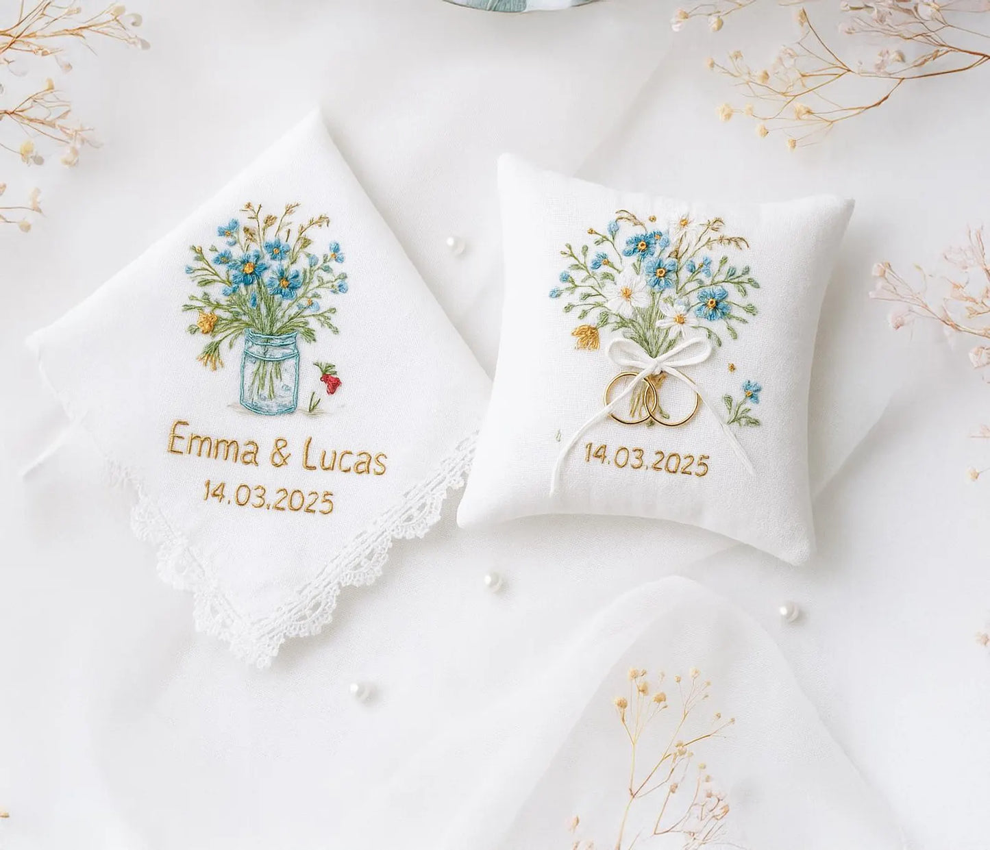 Personalized Forget Me Not Embroidered Linen Wedding Keepsake Set: Ring Pillow & Handkerchief