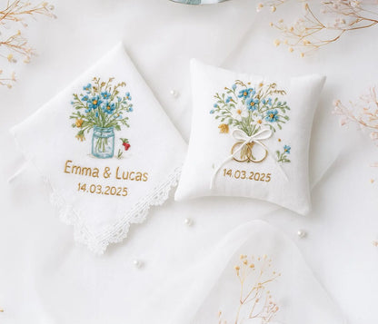 Personalized Forget Me Not Embroidered Linen Wedding Keepsake Set: Ring Pillow & Handkerchief