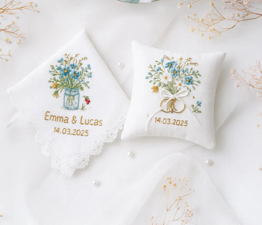 Personalized Forget Me Not Embroidered Linen Wedding Keepsake Set: Ring Pillow & Handkerchief