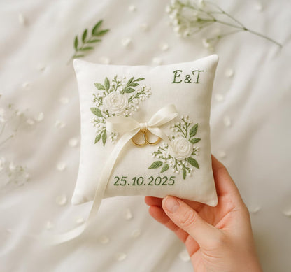 White Floral Embroidered Ring Bearer Pillow, Custom Linen Wedding Cushion, Hand Embroidery Ring Holder, Floral Ring Pillow, Wedding Gift