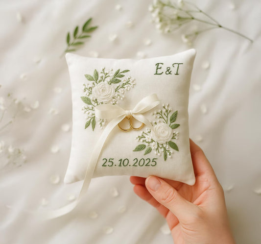 White Floral Embroidered Ring Bearer Pillow, Custom Linen Wedding Cushion, Hand Embroidery Ring Holder, Floral Ring Pillow, Wedding Gift