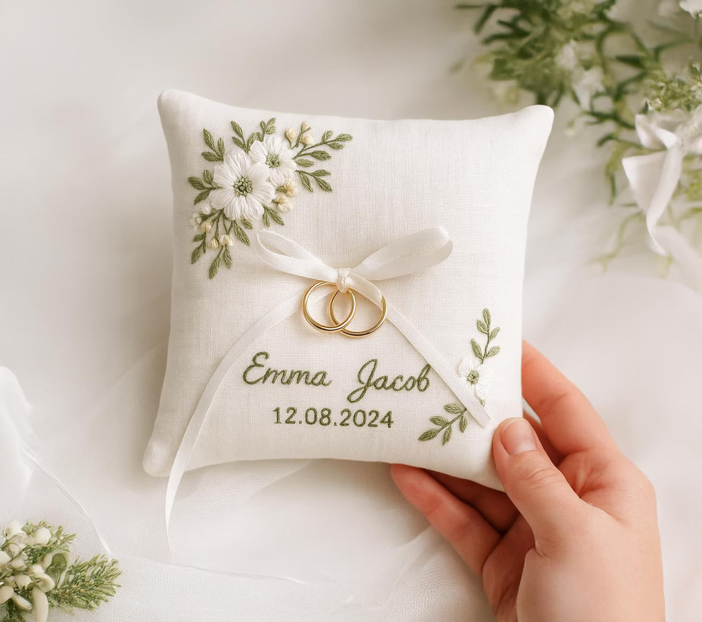 White Floral Embroidered Ring Bearer Pillow, Custom Linen Wedding Cushion, Hand Embroidery Ring Holder, Floral Ring Pillow, Wedding Gift