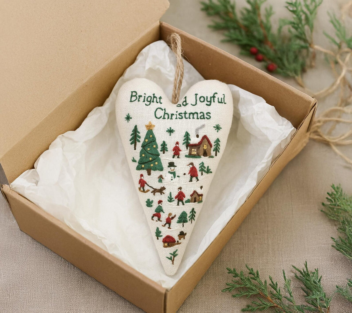 Hand Embroidered Christmas Heart Ornament, Linen Holiday Hanging Decoration, Rustic Winter Scene, Handmade Xmas Tree Keepsake Gift