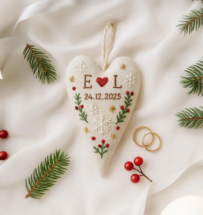 Personalized Wedding Heart Ornament – Hand Embroidered Linen Floral Ornament with Names & Date – Custom Wedding Christmas Gift Decoration