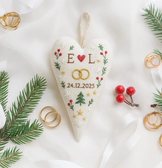 Personalized Wedding Heart Ornament – Hand Embroidered Linen Floral Ornament with Names & Date – Custom Wedding Christmas Gift Decoration