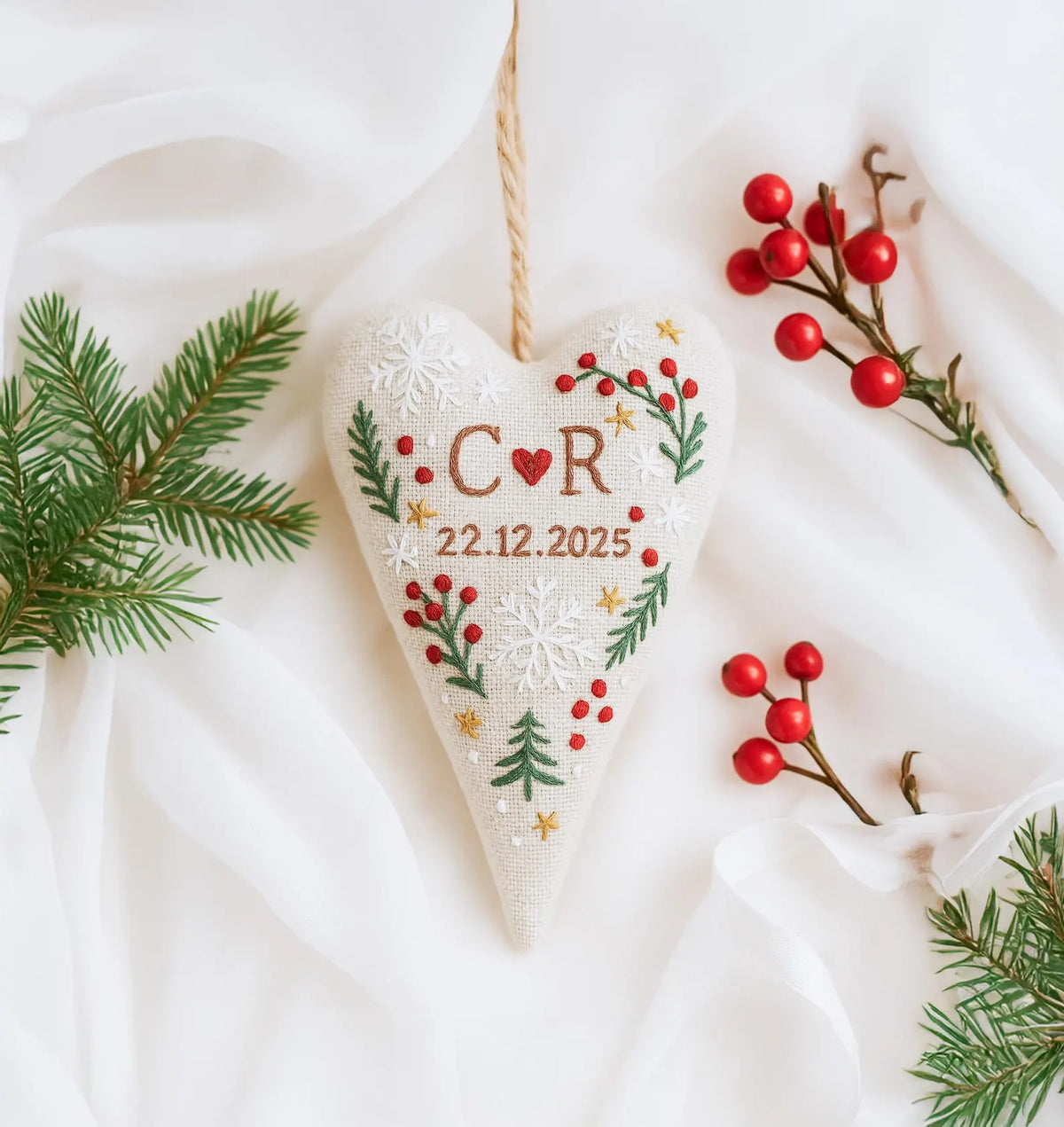 Personalized Christmas Heart Ornament, Hand Embroidered Red Berry & Snowflake Keepsake, Custom Initial Wedding Gift for Couple
