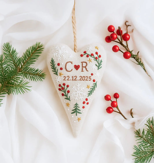 Personalized Christmas Heart Ornament, Hand Embroidered Red Berry & Snowflake Keepsake, Custom Initial Wedding Gift for Couple
