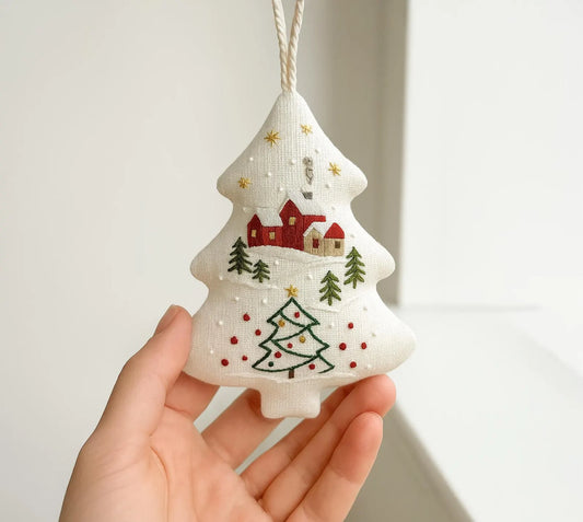 Hand Embroidered Christmas Tree Ornament, Linen Winter Village Ornament, Rustic Red House Holiday Decor, Handmade Keepsake Gift