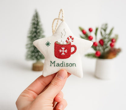 Personalized Hot Cocoa Christmas Ornament, Embroidered Star Tree Ornament, Custom Name Holiday Decor, Handmade Fabric Keepsake Gift for Kids