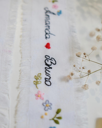 Personalized Embroidered Wedding Ribbon – Custom Linen Tie for Bouquet or Hair, Hand-stitched with Names & Date, Bridal Keepsake Gift