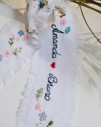 Personalized Embroidered Wedding Ribbon – Custom Linen Tie for Bouquet or Hair, Hand-stitched with Names & Date, Bridal Keepsake Gift