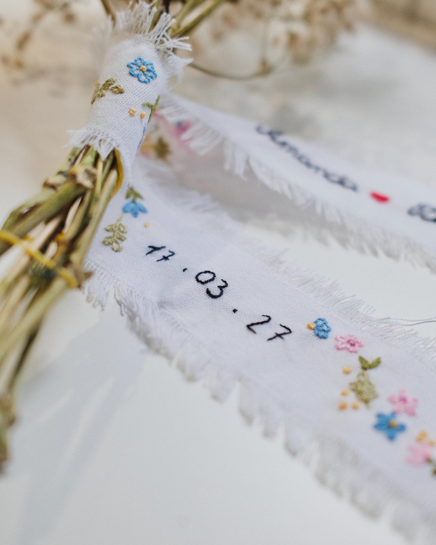 Personalized Embroidered Wedding Ribbon – Custom Linen Tie for Bouquet or Hair, Hand-stitched with Names & Date, Bridal Keepsake Gift