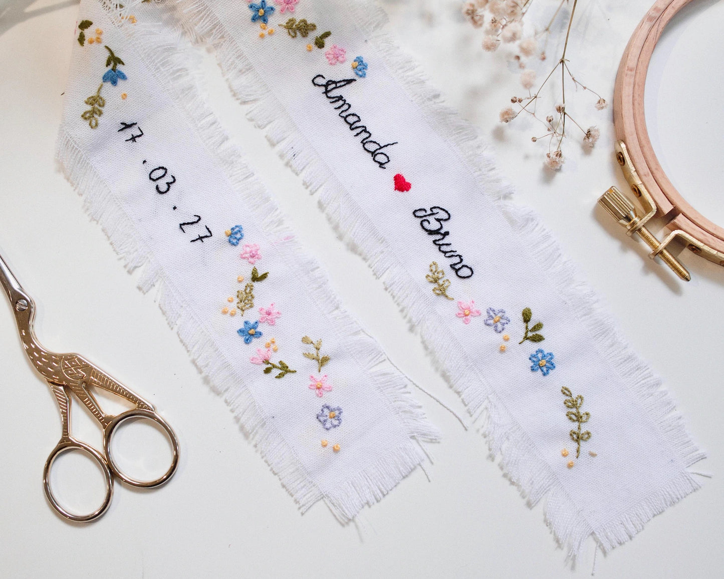 Personalized Embroidered Wedding Ribbon – Custom Linen Tie for Bouquet or Hair, Hand-stitched with Names & Date, Bridal Keepsake Gift