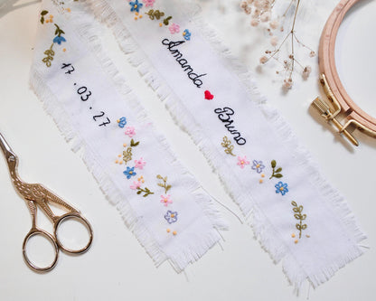 Personalized Embroidered Wedding Ribbon – Custom Linen Tie for Bouquet or Hair, Hand-stitched with Names & Date, Bridal Keepsake Gift