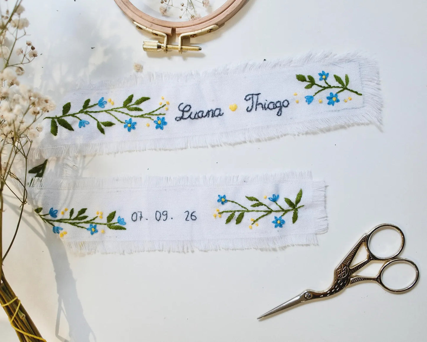 Personalized Embroidered Wedding Ribbon – Custom Linen Tie for Bouquet or Hair, Hand-stitched with Names & Date, Bridal Keepsake Gift