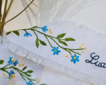 Personalized Embroidered Wedding Ribbon – Custom Linen Tie for Bouquet or Hair, Hand-stitched with Names & Date, Bridal Keepsake Gift