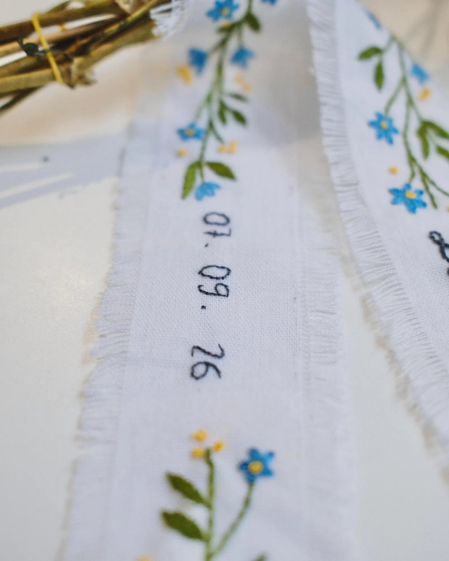 Personalized Embroidered Wedding Ribbon – Custom Linen Tie for Bouquet or Hair, Hand-stitched with Names & Date, Bridal Keepsake Gift