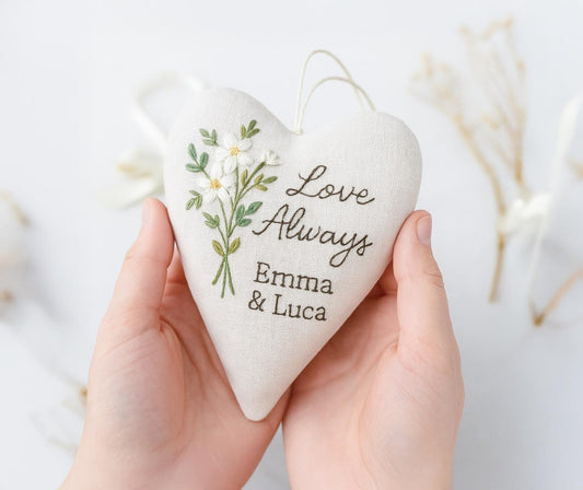 Personalized Wedding Heart Ornament – Hand Embroidered Linen Floral Ornament with Names & Date – Custom Wedding Christmas Gift Decoration