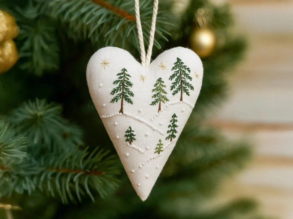 Heart Christmas Ornament, Hand Embroidered Snowy Pine Tree Landscape, Rustic Linen Christmas Decor, Christmas Keepsake Gift, Farmhouse Decor