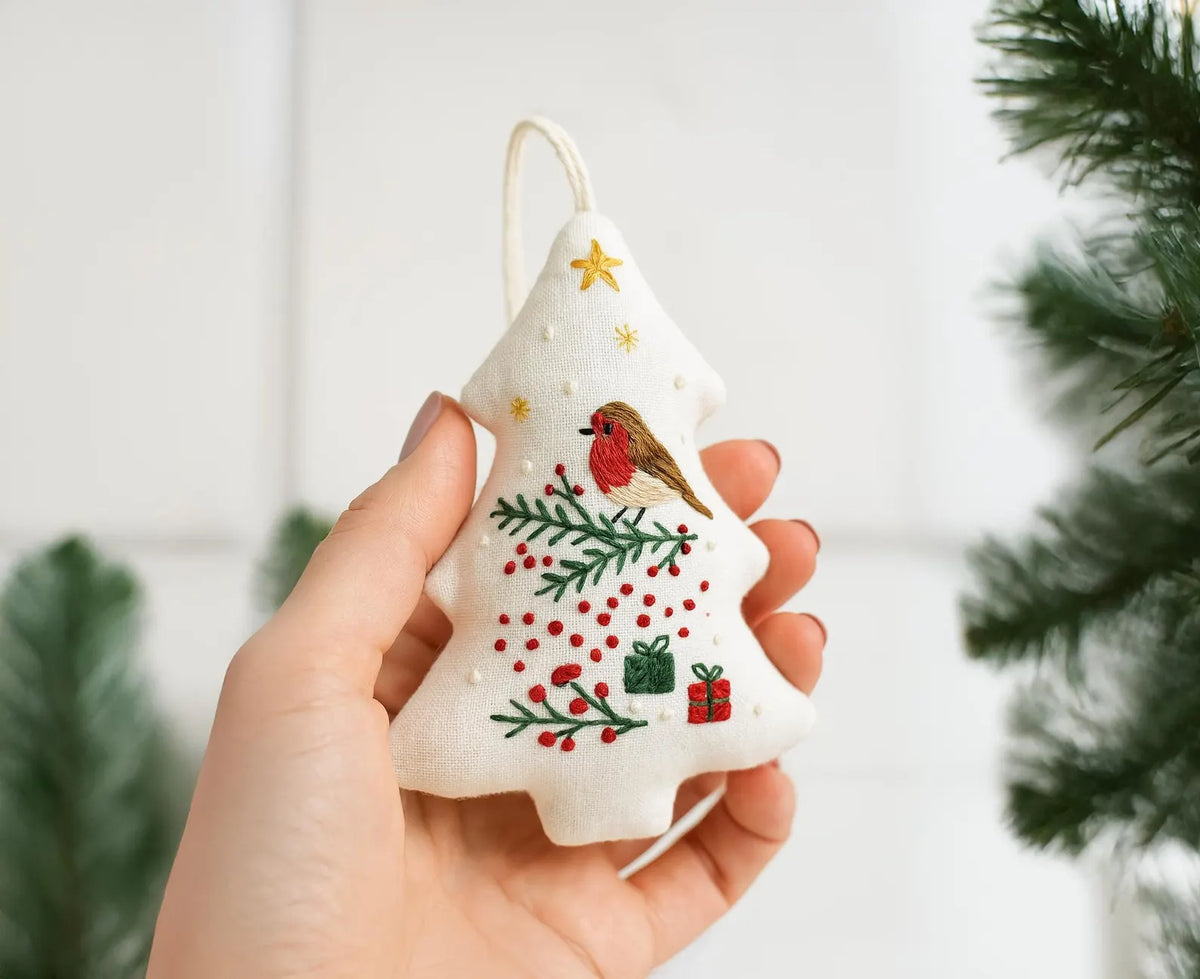 Hand Embroidered Robin Bird Christmas Ornament, Stuffed Linen Tree Ornament, Woodland Holiday Decor, Handmade Christmas Gift
