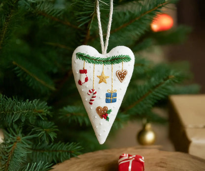 Hand Embroidered Christmas Heart Ornament, Stocking Candy Cane Star Gift & Gingerbread, Stuffed Linen Tree Decor, Handmade Holiday Keepsake