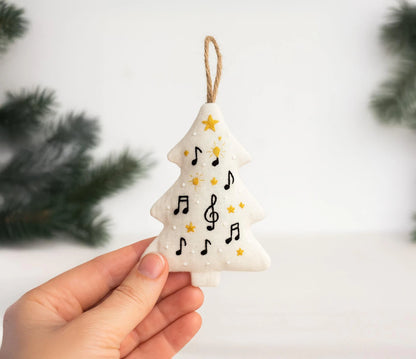 Hand Embroidered Christmas Tree Ornament, Musical Notes Linen Ornament, Music Lover Gifts, Music Teacher Christmas Gifts, Holiday Tree Decor