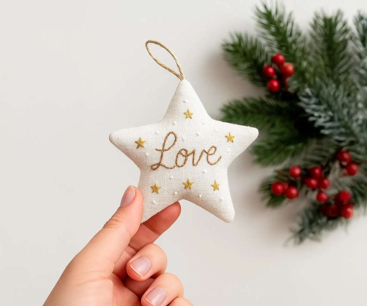 Hand Embroidered Christmas Star Ornament, Linen Love Keepsake, Gold Star Tree Decoration, Handmade Holiday Gifts, Minimalist Christmas Decor