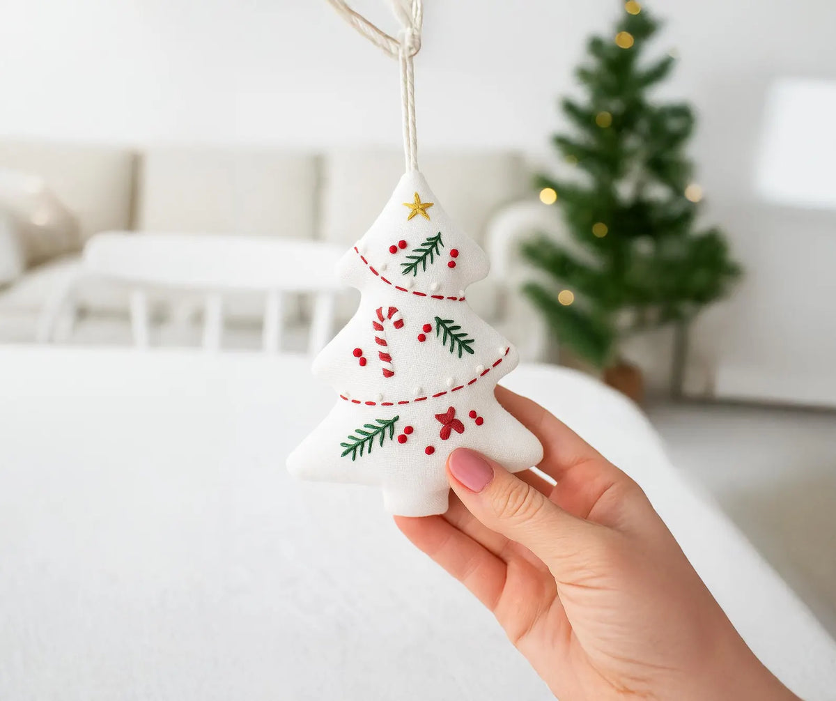 Hand Embroidered Christmas Tree Ornament, Linen Xmas Decoration, Candy Cane Holly Ornament, Handmade Holiday Gift, Tree Hanging Keepsake