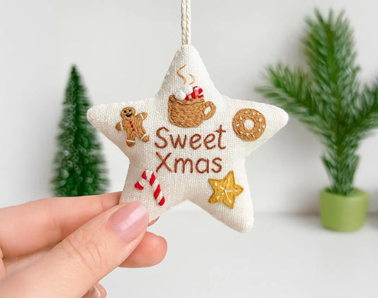 Sweet Xmas Embroidered Star Ornament, Personalized Christmas Ornament, Gingerbread Cocoa Candy Cane Holiday Decor, Handmade Gifts Tree Decor